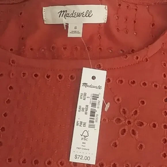 Madewell Women's Per Se Eyelet Top Cotton Rust Color Cap Sleeves Elastic… - Picture 8 of 13